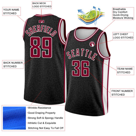 Custom Black Maroon-White Flower Authentic City Edition Basketball Jersey - Sky-Custom
