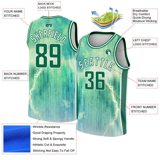 Custom Pea Green Kelly Green-White Abstract Watercolor Monsoon Authentic City Edition Basketball Jersey - Sky-Custom