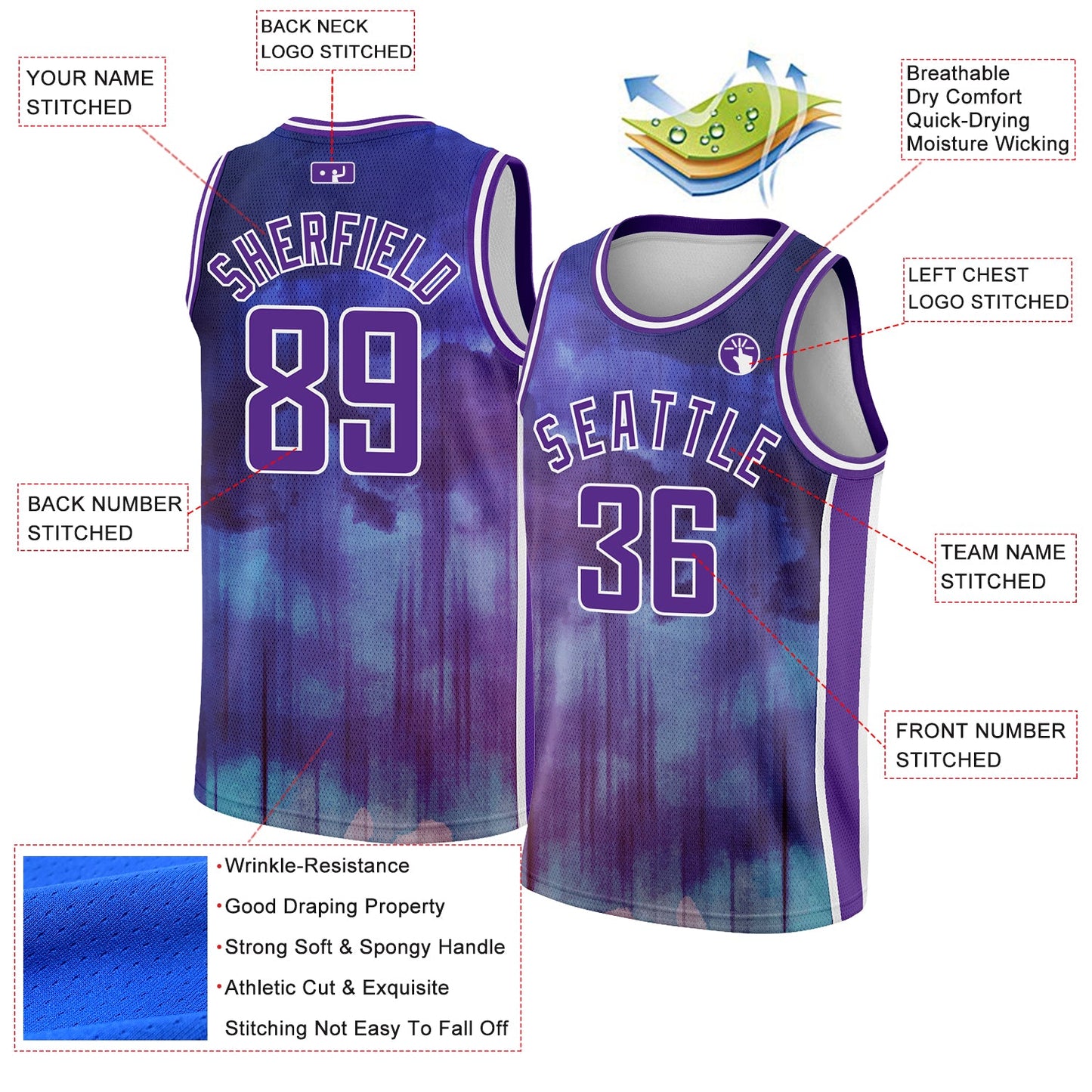 Custom Purple White Abstract Watercolor Monsoon Authentic City Edition Basketball Jersey - Sky-Custom