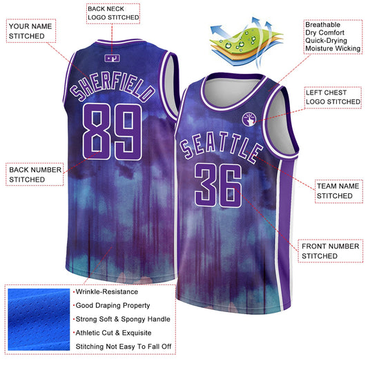 Custom Purple White Abstract Watercolor Monsoon Authentic City Edition Basketball Jersey - Sky-Custom