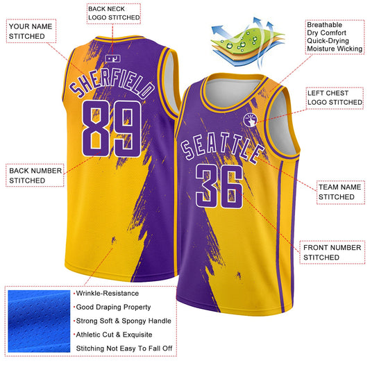 Custom Gold Purple-White Abstract Brush Splash Authentic City Edition Basketball Jersey - Sky-Custom