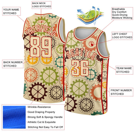 Custom Cream Red 3D Pattern Design Vintage Gears Authentic Basketball Jersey - Sky-Custom