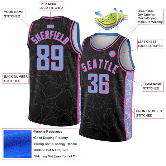 Custom Black Light Blue-Pink Flowers Authentic City Edition Basketball Jersey - Sky-Custom