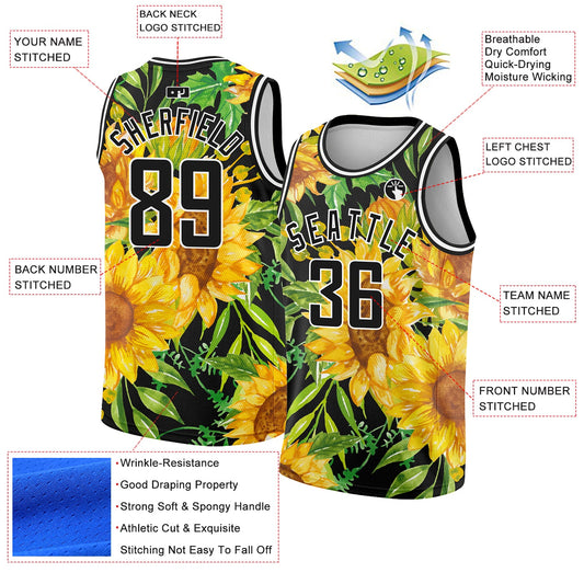 Custom Black Gold-White 3D Pattern Design Sunflowers Authentic Basketball Jersey - Sky-Custom