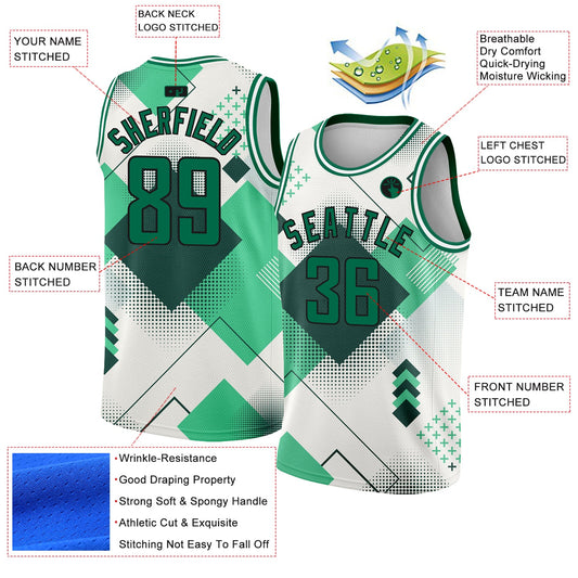 Custom White Kelly Green-Black 3D Pattern Design Geometric Shapes Authentic City Edition Basketball Jersey - Sky-Custom