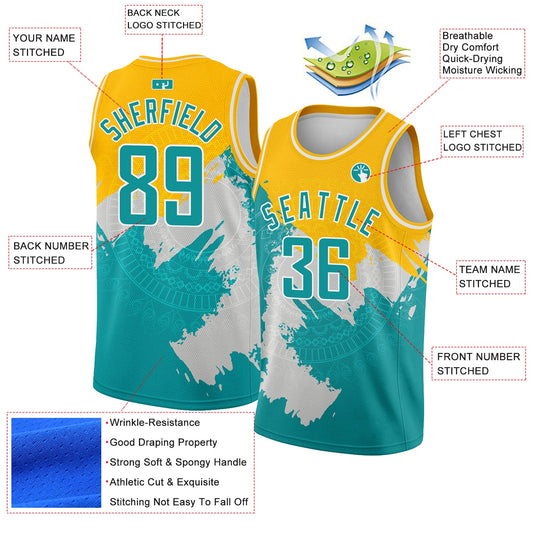Custom Gold Aqua-White 3D Pattern Design Religion Authentic Basketball Jersey - Sky-Custom