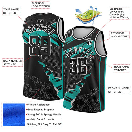 Custom Black Aqua-White 3D Pattern Design Torn Paper Style Authentic Basketball Jersey - Sky-Custom