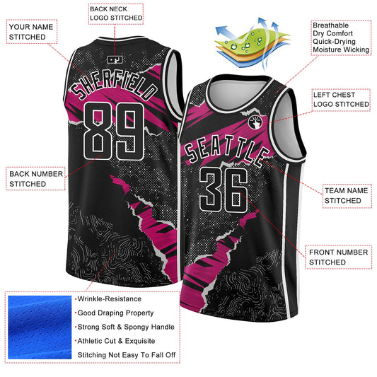 Custom Black Deep Pink-White 3D Pattern Design Torn Paper Style Authentic Basketball Jersey - Sky-Custom
