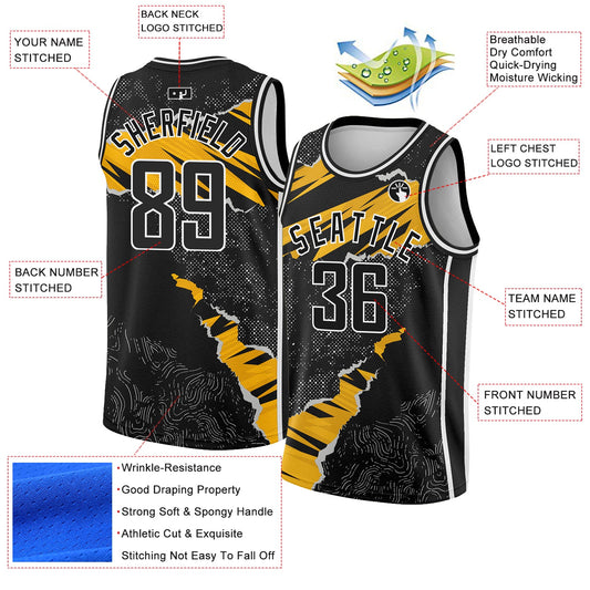 Custom Black Gold-White 3D Pattern Design Torn Paper Style Authentic Basketball Jersey - Sky-Custom