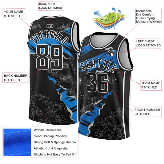 Custom Black Blue-White 3D Pattern Design Torn Paper Style Authentic Basketball Jersey - Sky-Custom