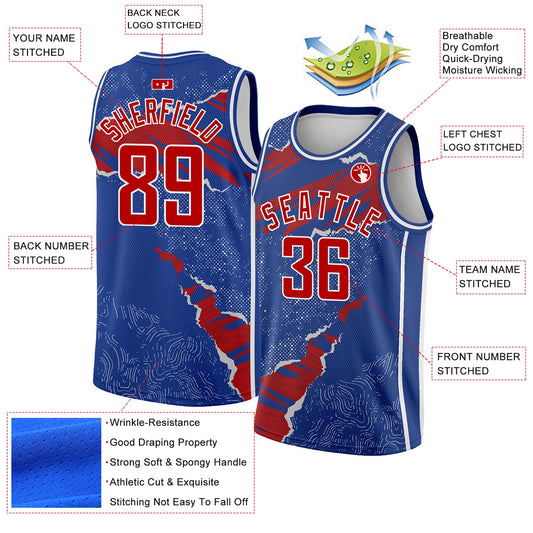 Custom Royal Red-White 3D Pattern Design Torn Paper Style Authentic Basketball Jersey - Sky-Custom