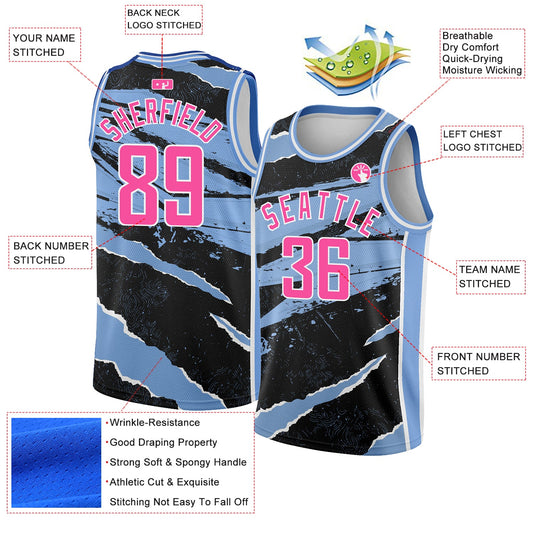 Custom Black Pink-Light Blue 3D Pattern Design Torn Paper Style Authentic Basketball Jersey - Sky-Custom
