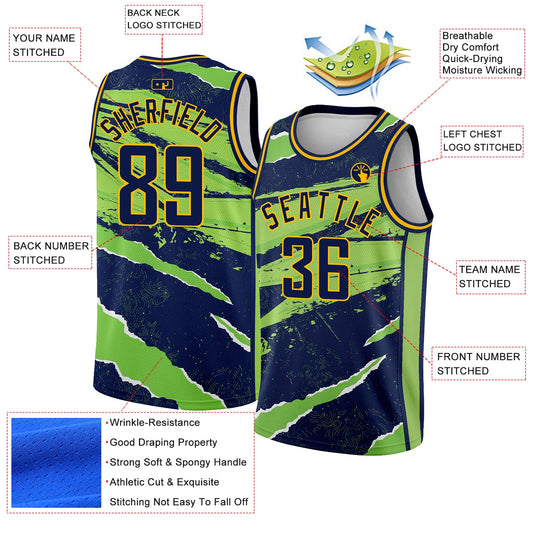 Custom Navy Neon Green-Gold 3D Pattern Design Torn Paper Style Authentic Basketball Jersey - Sky-Custom