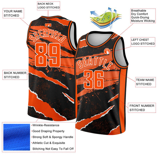 Custom Black Orange-White 3D Pattern Design Torn Paper Style Authentic Basketball Jersey - Sky-Custom