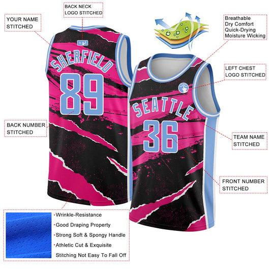 Custom Black Light Blue-Pink 3D Pattern Design Torn Paper Style Authentic Basketball Jersey - Sky-Custom