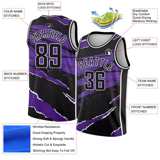 Custom Black Purple-White 3D Pattern Design Torn Paper Style Authentic Basketball Jersey - Sky-Custom