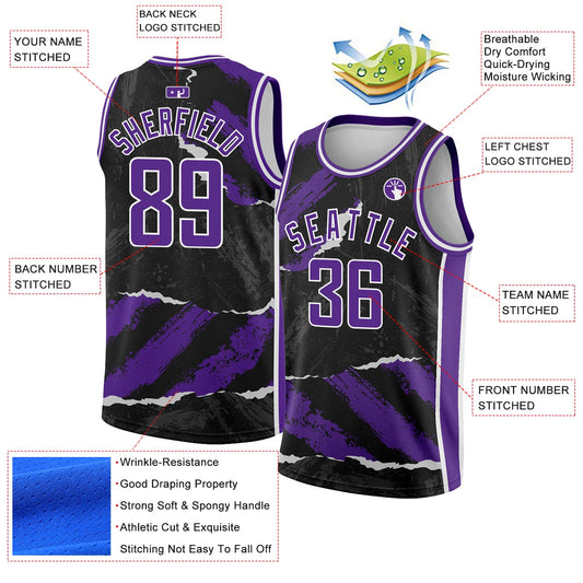 Custom Black Purple-White 3D Pattern Design Torn Paper Style Authentic Basketball Jersey - Sky-Custom