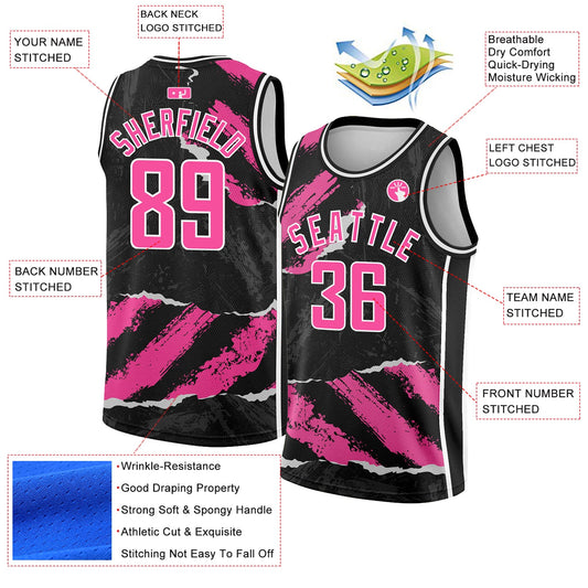 Custom Black Pink-White 3D Pattern Design Torn Paper Style Authentic Basketball Jersey - Sky-Custom