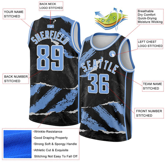 Custom Black Light Blue-White 3D Pattern Design Torn Paper Style Authentic Basketball Jersey - Sky-Custom