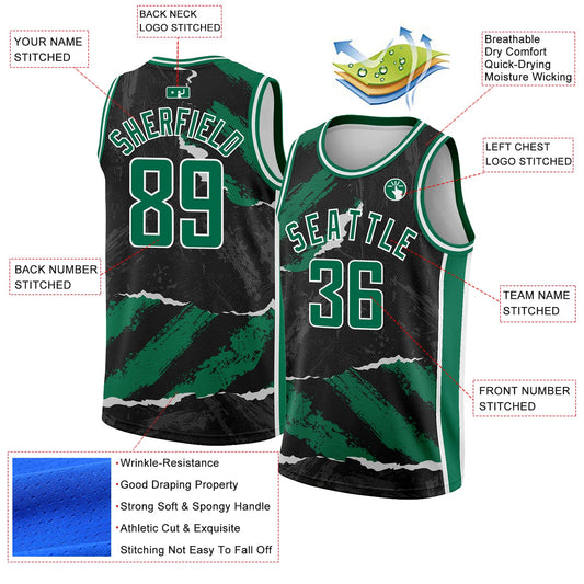 Custom Black Kelly Green-White 3D Pattern Design Torn Paper Style Authentic Basketball Jersey - Sky-Custom
