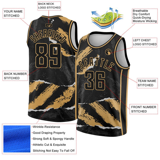 Custom Black Old Gold 3D Pattern Design Torn Paper Style Authentic Basketball Jersey - Sky-Custom