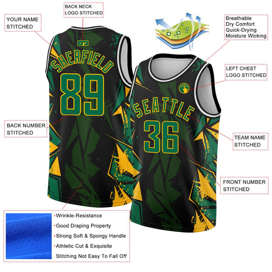 Custom Black Kelly Green-Gold 3D Pattern Design Geometric Shapes Authentic Basketball Jersey - Sky-Custom