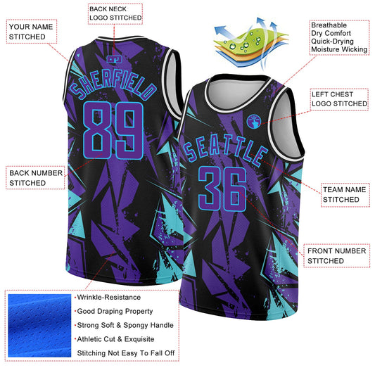 Custom Black Purple-Sky Blue 3D Pattern Design Geometric Shapes Authentic Basketball Jersey - Sky-Custom