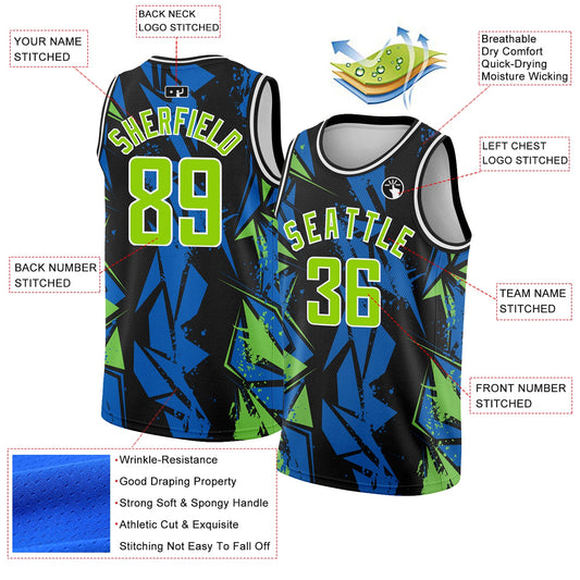 Custom Black Neon Green-Blue 3D Pattern Design Geometric Shapes Authentic Basketball Jersey - Sky-Custom