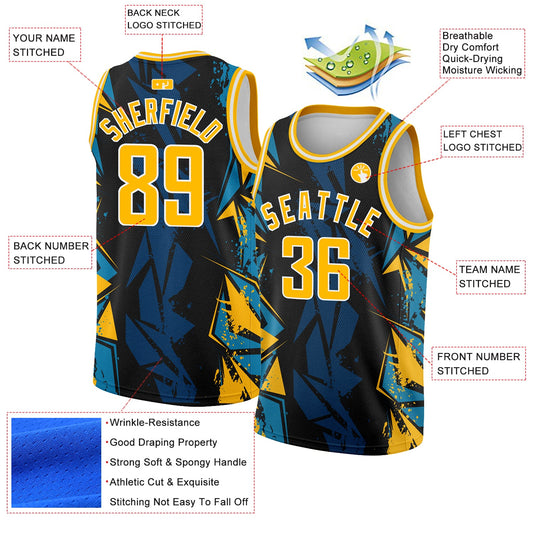 Custom Black Gold-Blue 3D Pattern Design Geometric Shapes Authentic Basketball Jersey - Sky-Custom