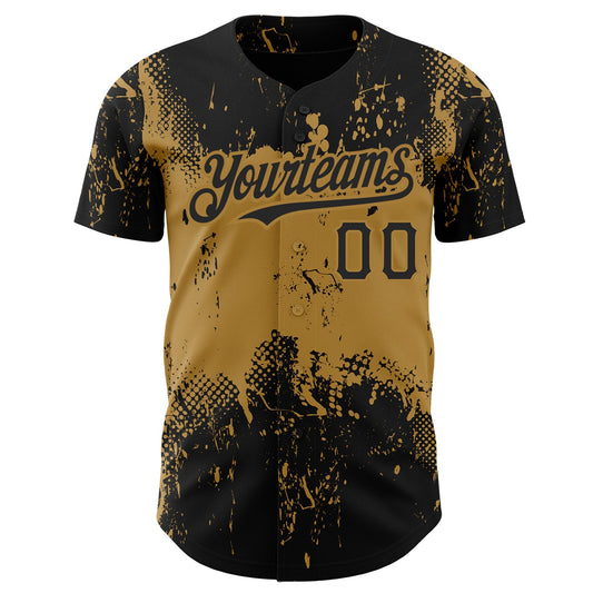 Custom Black Old Gold 3D Pattern Design Abstract Splatter Grunge Art Authentic Baseball Jersey - Sky-Custom