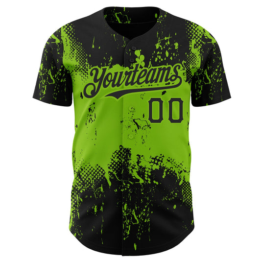 Custom Black Neon Green 3D Pattern Design Abstract Splatter Grunge Art Authentic Baseball Jersey - Sky-Custom