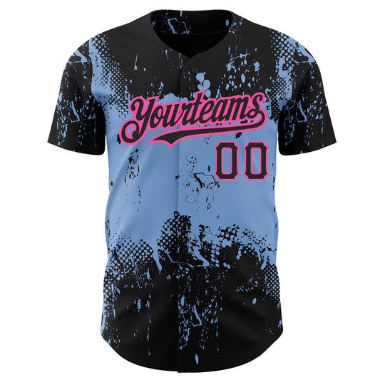 Custom Black Light Blue-Pink 3D Pattern Design Abstract Splatter Grunge Art Authentic Baseball Jersey - Sky-Custom