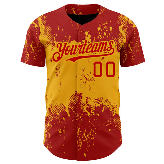 Custom Red Gold 3D Pattern Design Abstract Splatter Grunge Art Authentic Baseball Jersey - Sky-Custom