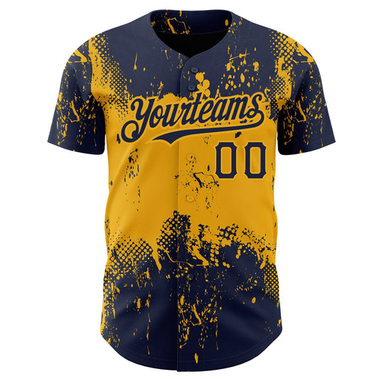 Custom Navy Gold 3D Pattern Design Abstract Splatter Grunge Art Authentic Baseball Jersey - Sky-Custom