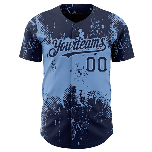 Custom Navy Light Blue 3D Pattern Design Abstract Splatter Grunge Art Authentic Baseball Jersey - Sky-Custom