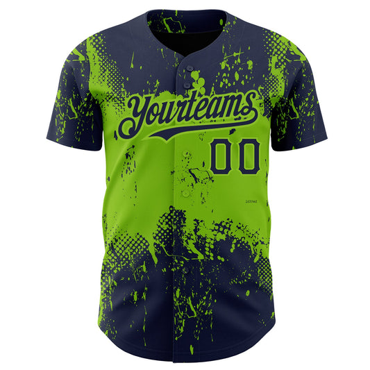Custom Navy Neon Green 3D Pattern Design Abstract Splatter Grunge Art Authentic Baseball Jersey - Sky-Custom