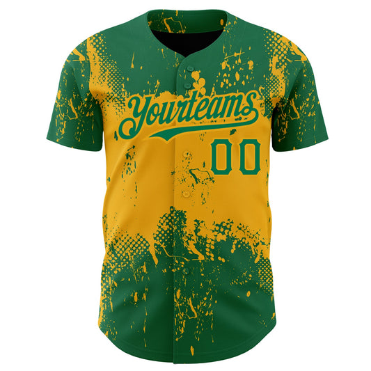 Custom Kelly Green Gold 3D Pattern Design Abstract Splatter Grunge Art Authentic Baseball Jersey - Sky-Custom