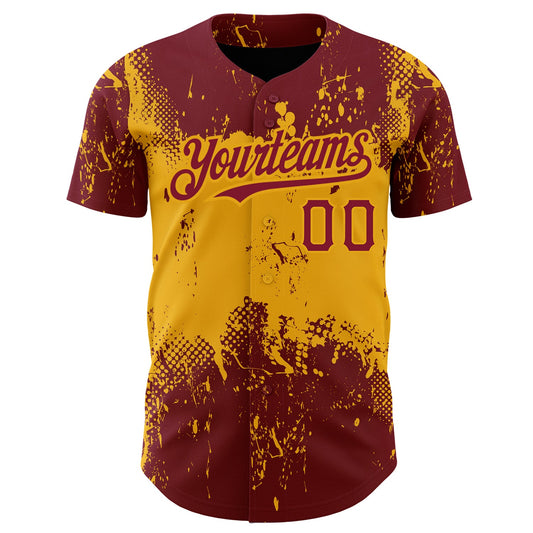 Custom Crimson Gold 3D Pattern Design Abstract Splatter Grunge Art Authentic Baseball Jersey - Sky-Custom