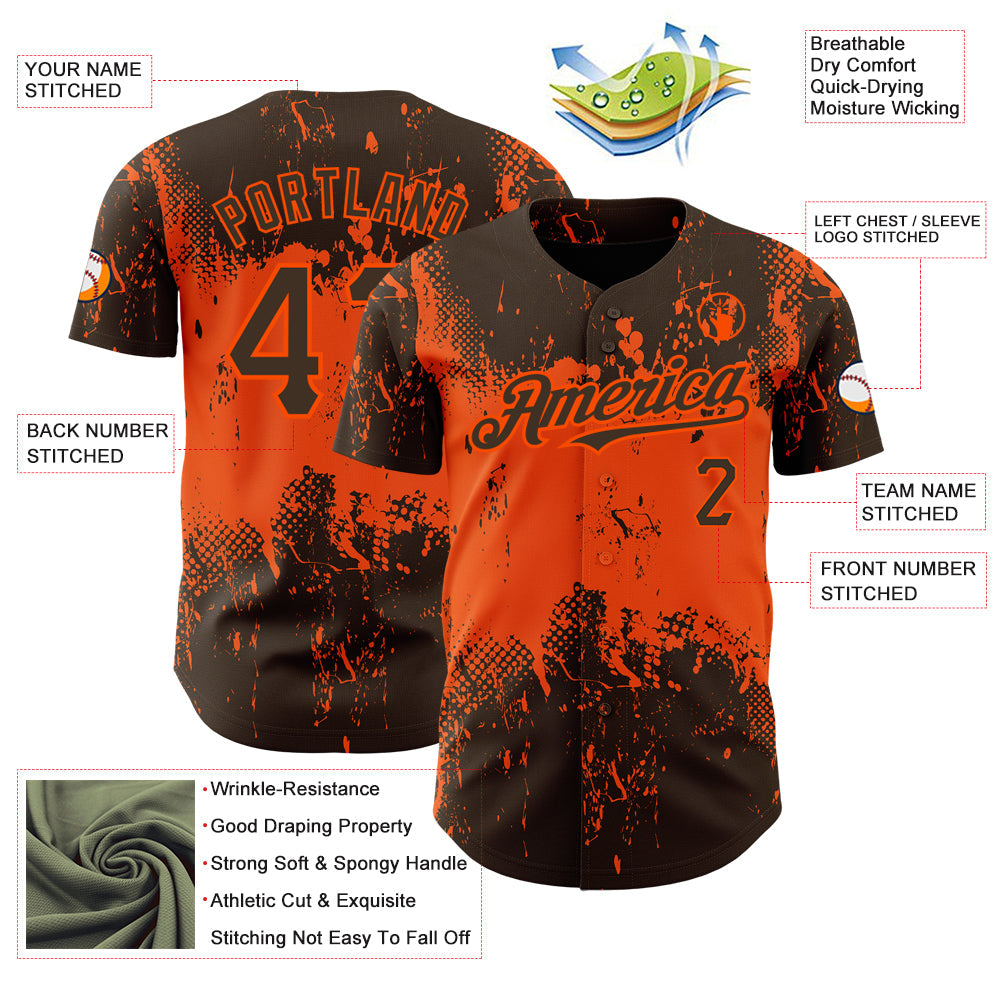 Custom Brown Orange 3D Pattern Design Abstract Splatter Grunge Art Authentic Baseball Jersey - Sky-Custom