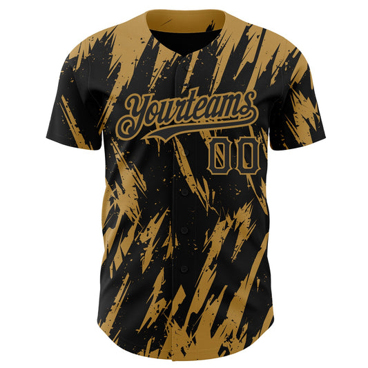 Custom Black Old Gold 3D Pattern Design Abstract Sharp Shape Authentic Baseball Jersey - Sky-Custom