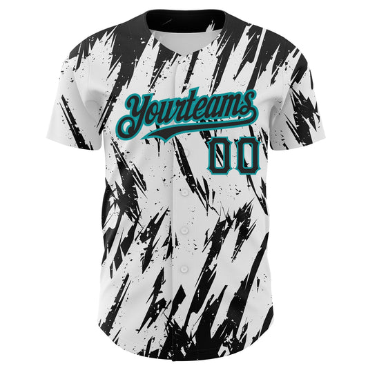 Custom White Black-Teal 3D Pattern Design Abstract Sharp Shape Authentic Baseball Jersey - Sky-Custom