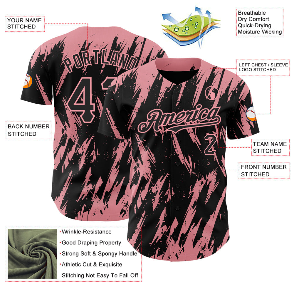 Custom Black Medium Pink 3D Pattern Design Abstract Sharp Shape Authentic Baseball Jersey - Sky-Custom