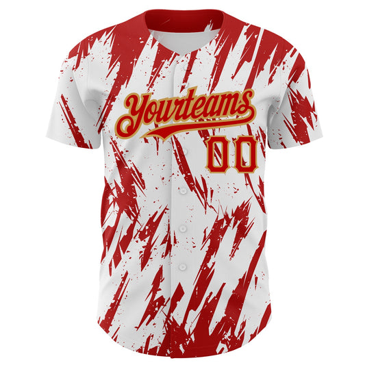 Custom White Red-Old Gold 3D Pattern Design Abstract Sharp Shape Authentic Baseball Jersey - Sky-Custom
