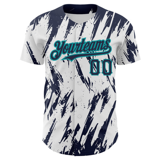 Custom White Navy-Teal 3D Pattern Design Abstract Sharp Shape Authentic Baseball Jersey - Sky-Custom