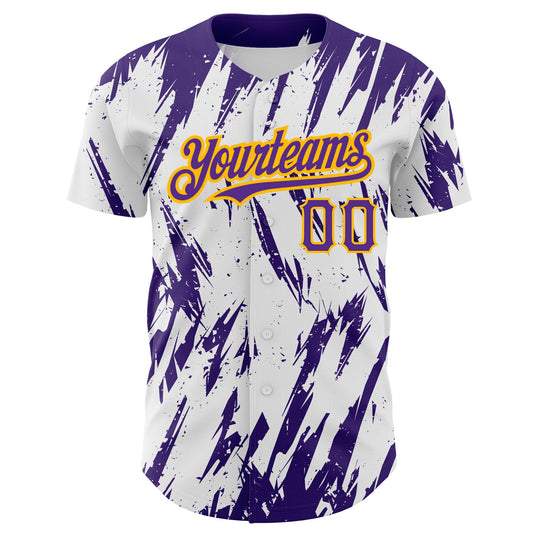Custom White Purple-Gold 3D Pattern Design Abstract Sharp Shape Authentic Baseball Jersey - Sky-Custom