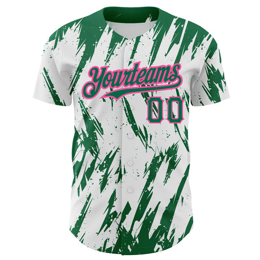 Custom White Kelly Green-Pink 3D Pattern Design Abstract Sharp Shape Authentic Baseball Jersey - Sky-Custom