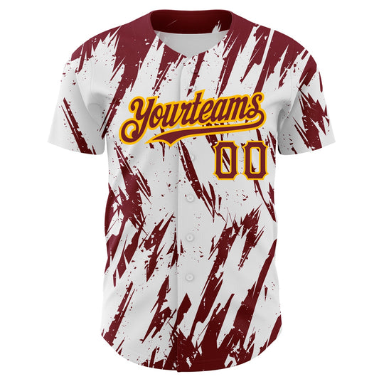 Custom White Crimson-Gold 3D Pattern Design Abstract Sharp Shape Authentic Baseball Jersey - Sky-Custom