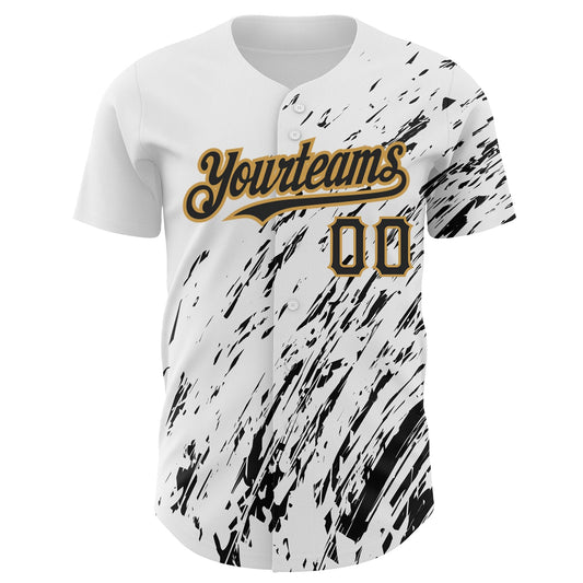 Custom White Black-Old Gold 3D Pattern Design Abstract Splash Authentic Baseball Jersey - Sky-Custom