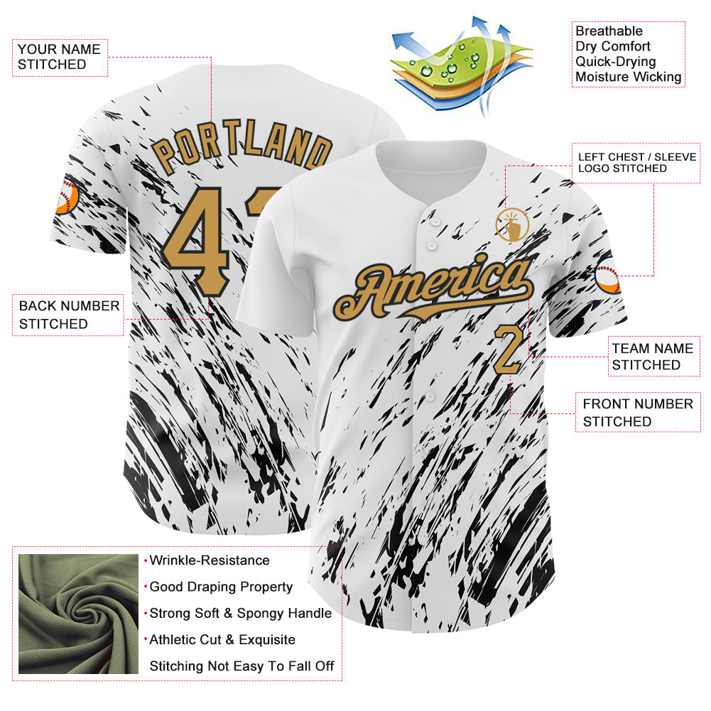 Custom White Old Gold-Black 3D Pattern Design Abstract Splash Authentic Baseball Jersey - Sky-Custom