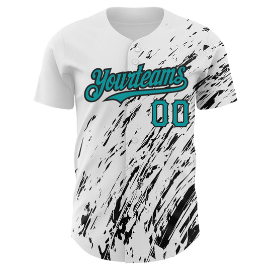 Custom White Teal-Black 3D Pattern Design Abstract Splash Authentic Baseball Jersey - Sky-Custom